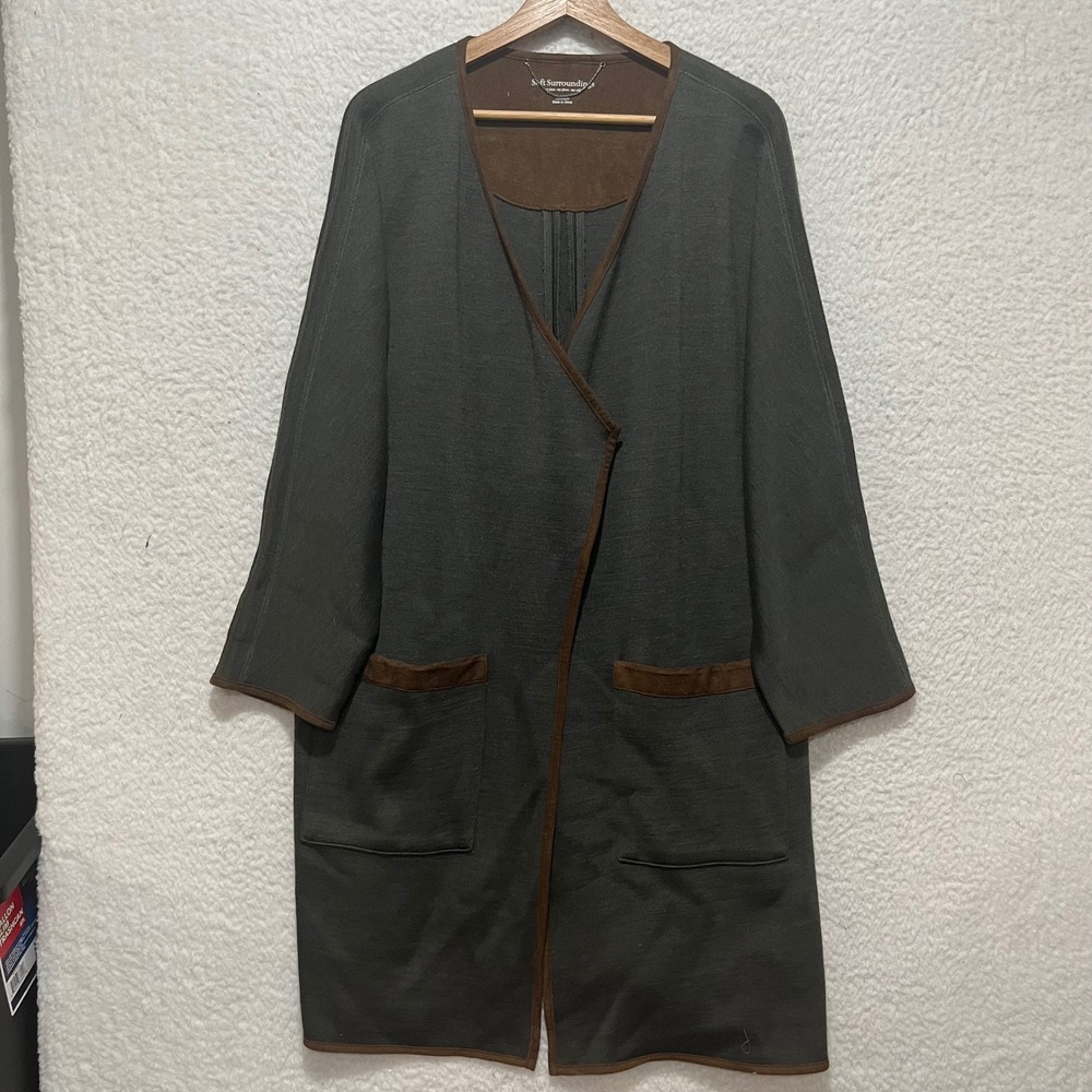 Soft Surroundings Women Green Wool Blend Kimono Style Cardigan Sweater Medium